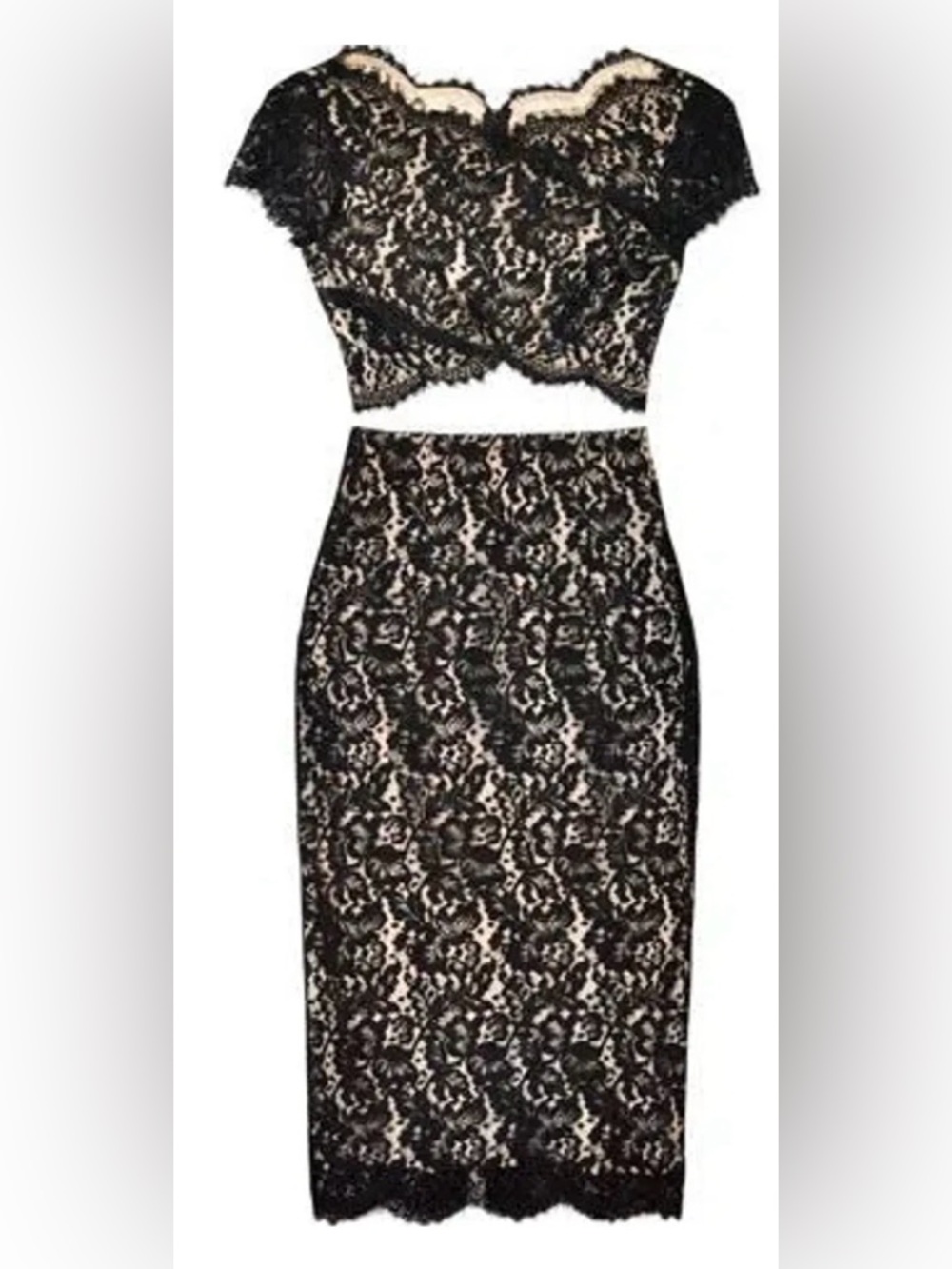 Lover Vee Vee Splice Dress Black Lace Nude illusion Two Piece set Size US 8 NWOT